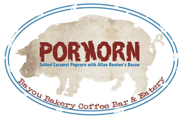 PORKORN SALTED CARAMEL POPCORN WITH ALLEN BENTON'S BACON BAYOU BAKERY COFFEE BAR & EATERY logo