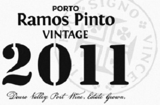 PORTO RAMOS PINTO VINTAGE 2011 DOURO VALLEY PORT WINE. ESTATE GROWN IN HOC SIGNO VINCES logo