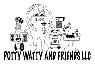 POTTY WATTY AND FRIENDS LLC 1 2 3 4 5 6 7 8 9 10 11 12 12:00 POTTY WATTY TRASH CAN HOT COLD SUDSY SOAP logo
