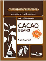 POWER FOODS FOR THE MODERN LIFESTYLE ANTIOXIDANTS IRON MAGNESIUM RAW CHOCOLATE BEANS CACAO BEANS MAYAN SUPERFOOD NAVITAS NATURALS CERTIFIED ORGANIC USDA ORGANIC logo