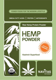 POWER FOODS FOR THE MODERN LIFESTYLE OMEGA FATTY ACIDS PROTEIN ANTIOXIDANTS RAW HEMP PROTEIN POWDER HEMP POWDER KASHMIR SUPERFOOD NAVITAS NATURALS CERTIFIED ORGANIC USDA ORGANIC logo