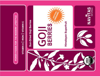 POWER FOODS FOR THE MODERN LIFESTYLE VITAMIN A IRON VITAMIN C SUN-DRIED GOJI BERRIES GOJI BERRIES HIMALAYAN SUPERFRUIT NAVITAS NATURALS CERTIFIED ORGANIC USDA ORGANIC logo