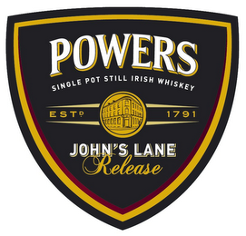 POWERS SINGLE POT STILL IRISH WHISKEY ESTD. 1791 JOHN'S LANE RELEASE logo