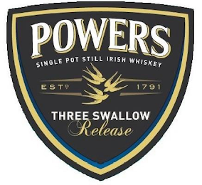 POWERS SINGLE POT STILL IRISH WHISKEY ESTD. 1791 THREE SWALLOW RELEASE logo