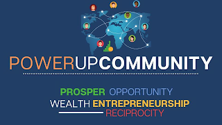 POWERUP COMMUNITY PROSPER OPPORTUNITY WEALTH ENTREPRENEURSHIP RECIPROCITY. logo