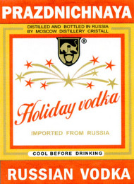 PRAZDNICHNAYA HOLIDAY VODKA RUSSIAN VODKA DISTILLED AND BOTTLED IN RUSSIA BY MOSCOW DISTILLERY CRISTALL IMPORTED FROM RUSSIA COOL BEFORE DRINKING logo