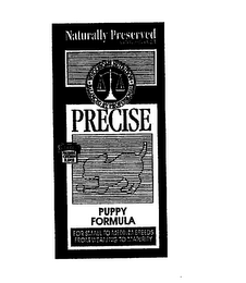 PRECISE PUPPY FORMULA NATURALLY PRESERVED WITH VITAMINS C & E FOR SMALL TO MEDIUM BREEDS FROM WEANING TO MATURITY WHOLESOME NUTRITION BALANCED BY PROFESSIONALS NEW FORMULA NATURAL CHICKEN FLAVOR logo