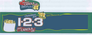 PREMIUM CANOLA OIL WITH OMEGA 3, 6 & 9 CHOLESTEROL FREE 100% CANOLA OIL 1-2-3 PURE CANOLA OIL logo