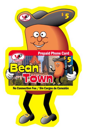 PREPAID PHONE CARD VOICE PREPAID $5 BEAN TOWN NO CONNECTION FEE/SIN CARGOS DE CONEXION logo
