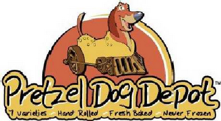 PRETZEL DOG DEPOT 7 VARIETIES HAND ROLLED FRESH BAKED NEVER FROZEN logo