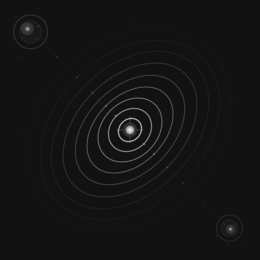 PRIMARY GALAXY BODY: LARGE CIRCULAR FORM WITH LAYERED CONCENTRIC DISK RINGS IN DARK NAVY BLUE; AMBER-GOLD NUCLEUS; SCATTERED STAR DOTS AROUND THE PERIMETER; FAINT DASHED TIDAL STREAM EXTENDING TOWARD IMPACT CENTER | UPPER-LEFT QUADRANTIMPACTING GALAXY BODY: SMALLER CIRCULAR FORM WITH LAYERED CONCENTRIC DISK RINGS IN DARK NAVY BLUE; GOLD NUCLEUS; SCATTERED STAR DOTS; FAINT DASHED TIDAL STREAM EXTENDING TOWARD IMPACT CENTER | LOWER-RIGHT QUADRANTOBLATE SHOCKWAVE RINGS: TWELVE CONCENTRIC OVAL RINGS TILTED APPROXIMATELY 45 DEGREES; COMPRESSED (NARROWED) ALONG THE GALAXY APPROACH DIAGONAL; GRADUATING FROM BRIGHT GOLD (INNERMOST, HEAVIEST WEIGHT) TO DEEP BRONZE (OUTERMOST, FINEST WEIGHT) WITH DECREASING OPACITY OUTWARD; PEAK DISTORTION OCCURS AT MID-RINGS | CENTER OF MARK, EXTENDING TOWARD ALL FOUR CORNERSREFRACTION NODES: SMALL FILLED CIRCLES IN TEAL-GREEN, POSITIONED ALONG THE UPPER-LEFT TO LOWER-RIGHT DIAGONAL AXIS AT THE INNERMOST COMPRESSION POINT OF ALTERNATING RINGS; FORM A DOTTED DIAGONAL LINE EXTENDING FROM NEAR-CENTER TOWARD EACH GALAXY BODY | ALONG THE 45-DEGREE DIAGONAL AXIS, UPPER-LEFT AND LOWER-RIGHT OF CENTERTIDAL STREAMS: TWO FAINT DASHED CURVED LINES CONNECTING EACH GALAXY BODY TO THE CENTRAL IMPACT POINT, SUGGESTING GRAVITATIONAL INTERACTION | DIAGONAL FROM UPPER-LEFT AND LOWER-RIGHT TOWARD CENTERCENTRAL IMPACT FLASH: LAYERED CONCENTRIC FILLED CIRCLES FROM OUTERMOST TO CENTER: DARK NAVY BLUE, GOLD, BRIGHT GOLD, AND WHITE; FOUR SHORT LINES EXTEND AT CARDINAL COMPASS DIRECTIONS (CROSSHAIR FORMATION) | CENTER OF MARKSTAR FIELD: SCATTERED SMALL CIRCULAR DOTS OF VARYING SIZES AND OPACITIES DISTRIBUTED ACROSS THE BACKGROUND, DENSER NEAR THE GALAXY BODIES | THROUGHOUT THE BACKGROUND FIELD logo