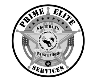 PRIME ELITE SERVICES SECURITY INVESTIGATIONS PROUD TO SERVE WITH HONOR AND INTEGRITY logo