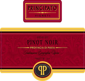 PRINCIPATO VIGNETI VINTAGE 2012 PINOT NOIR PROVINCIA DI PAVIA INDICAZIONE GEOGRAFICA TIPICA PRODUCT OF ITALY logo