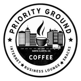 PRIORITY GROUND INTERNET BUSINESS LOUNGE SNACKS EST. 2017 SANTA CLARITA, CA COFFEE logo