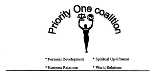 PRIORITY ONE COALITION PERSONAL DEVELOPMENT BUSINESS RELATIONS SPIRITUAL UP-LIFTMENT WORLD RELATIONS logo