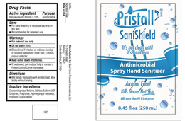 PRISTALL SANISHIELD IT'S NOT CLEAN UNTIL IT'S SANICLEAN ANTIMICROBIAOL SPRAY HAND SANITIZER ALCOHOL FREE KILLS GERMS NOT SKIN KILLS MORE THAN 99.9% OF GERMS logo