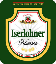 PRIVATBRAUEREI ISERLOHN ISERLOHNER PILSENER PREMIUM SAUERLANDER BRAUKUNST SEIT 1899 logo