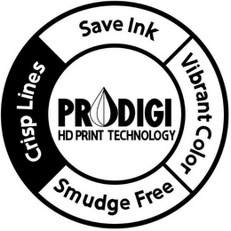 PRODIGI HD PRINT TECHNOLOGY CRISP LINESSAVE INK VIBRANT COLOR SMUDGE FREE logo