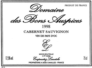 PRODUIT DE FRANCE - DOMAINE DES BONS AUSPICES 1998 CABERNET SAUVIGNON - VIN DE PAYS D'OC - E L - MIS EN BOUTEILLE - A FF 34200 - EMPERATRIZ LARRETCHE - PROPRIETAIRE A 30350 CANAULES - FRANCE - 12,5% VOL. - 75CL logo