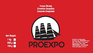 PROEXPO NET WEIGHT. 1 KG 950 G 750 G FROZEN SHRIMP CREVETTES SURGELÉES CAMARÓN CONGELADO PROEXPO PRODUCT OF ECUADOR PACKED BY: PROEXPO S.A. KM. 23.5 VIA A LA COSTA AGREEMENT NO. 678 GUAYAQUIL ECUADOR WWW.PROEXPO.COM.EC logo