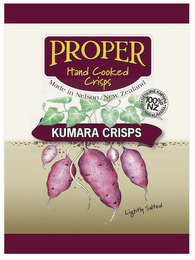 PROPER HAND COOKED CRISPS MADE IN NELSON, NEW ZEALAND, KUMARA CRISPS GENUINE KAIPARA 100% NZ GROWN KUMARA LIGHTLY SALTED logo