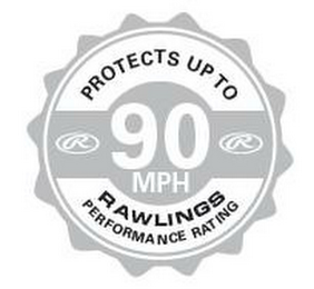 PROTECTS UP TO 90 MPH RAWLINGS PERFORMANCE RATING R logo