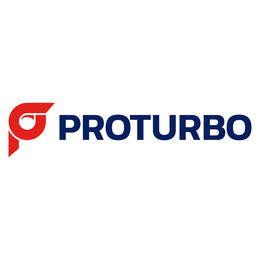 PROTURBO WITH A LETTER P SIMBOLIZING A TURBOCHARGER, COLORS ARE BLUE AND RED logo