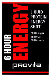 PROVITA 2.9 FL OZ (86 ML) ENERGY 6 HOUR ENERGY LIQUID PROTEIN ENERGY SHOT ZERO SUGAR ZERO FAT ZERO TRASH logo