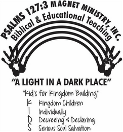 PSALMS 127:3 MAGNET MINISTRY, INC. BIBLICAL & EDUCATIONAL TEACHING "A LIGHT IN A DARK PLACE " "KID'S FOR KINGDOM BUILDING" K KINGDOM CHILDREN I INDIVIDUALLY D DECREEING & DECLARING S SERIOUS SOUL SALVATION logo
