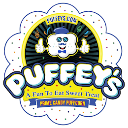 PUFFEYS.COM PUFFEY'S A FUN TO EAT SWEET TREAT PRIME CANDY PUFFCORN logo