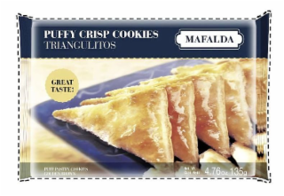 PUFFY CRISP COOKIES TRIANGULITOS MAFALDA GREAT TASTE! PUFF PASTRY COOKIES GOLDEN BROWN NET. WT. CONT. NETO 4.76 OZ 135 G logo