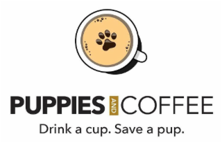 PUPPIES AND COFFEE DRINK A CUP. SAVE A PUP. logo