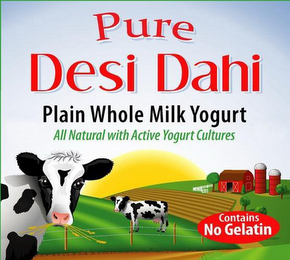 PURE DESI DAHI PLAIN WHOLE MILK YOGURT ALL NATURAL WITH ACTIVE YOGURT CULTURES CONTAINS NO GELATIN REAL logo