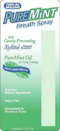 PURELINE ORALCARE PUREMINT BREATH SPRAY WITH CAVITY PREVENTING XYLITOL NATURAL SWEETENER PUREMINT OIL FOR LONG LASTING MINTY FRESH BREATH PREMIUM NATURAL INGREDIENTS SUGAR FREE CONVENIENT FOR POCKET OR PURSE CONTAINS ¼ FL. OZ. logo