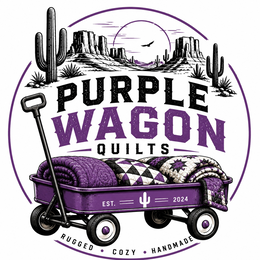PURPLE WAGON QUILTS EST. 2024 RUGGED COZY HANDMADE logo
