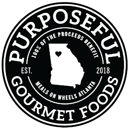 PURPOSEFUL GOURMET FOODS 100% OF THE PROCEEDS BENEFIT MEALS ON WHEELS ATLANTA EST. 2018 logo