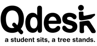 QDESK A STUDENT SITS, A TREE STANDS. logo