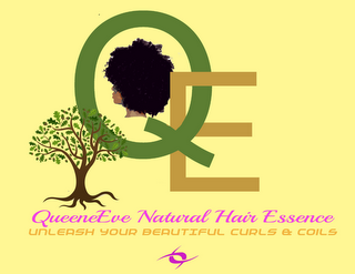QE QUEENEEVE NATURAL HAIR ESSENCE UNLEASH YOUR BEAUTIFUL CURLS & COILS logo