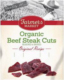 QUALITY MEATS FARMERS MARKET ORGANIC BEEF STEAK CUTS SEASONED & SMOKED ORIGINAL RECIPE logo