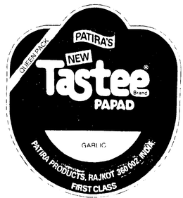QUEEN PACK PATIRA'S NEW TASTEE BRAND PAPAD GARLIC PATIRA PRODUCTS logo