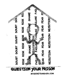 QUESTION YOUR PRISON MYSECRETBARGAIN.COM DOUBT DOUBT DOUBT DOUBT DOU RISK RISK RISK RISK RISK RISK RIS SHAME SHAME SHAME SHAME SHAME S FAILURE FAILURE FAILURE FAILURE FAIL FEAR FEAR FEAR FEAR FEAR FEAR F REJECTION REJECTION REJECTION logo