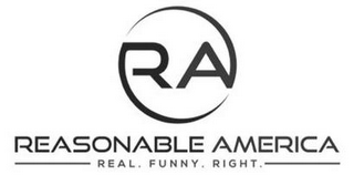 RA REASONABLE AMERICA REAL. FUNNY. RIGHT. logo