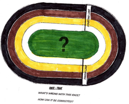 RACE-TRAK WHAT'S WRONG WITH THIS RACE? HOW CAN IT BE CORRECTED? FINISH LINE STARTING LINE ? logo
