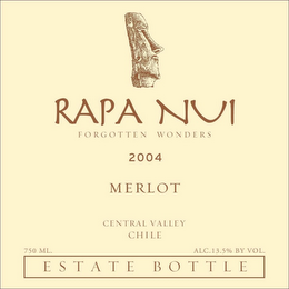 RAPA NUI FORGOTTEN WONDERS 2004 MERLOT CENTRAL VALLEY CHILE ESTATE BOTTLE 750 ML. ALC. 13.5% BY VOL. logo