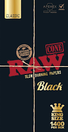RAW NATURAL UNREFINED ROLLING PAPERS BLACK CONE AUTHENTIC PUREST NATURAL FIBERS UNREFINED CLASSIC THUMPER 100 & KNOCKBOX COMPATIBLE GUARANTEED 1400 PER BOX KING SIZE WWW.RAWTHENTIC.COM logo