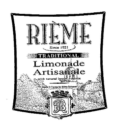 RB RIEME SINCE 1921 TRADITIONAL LIMONADE ARTISANALE WITH NATURAL LEMON ESSENCE MADE IN FRANCE BY RIEME BOISSONS logo