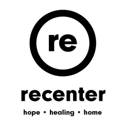 RE RECENTER HOPE · HEALING · HOME logo