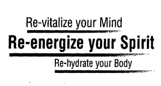 RE-VITALIZE YOUR MIND RE-ENERGIZE YOUR SPIRIT RE-HYDRATE YOUR BODY logo