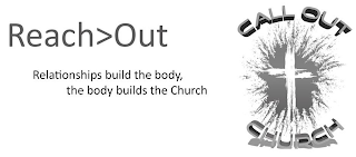 REACH>OUT RELATIONSHIPS BUILD THE BODY,THE BODY BUILDS THE CHURCH CALL OUT CHURCH logo