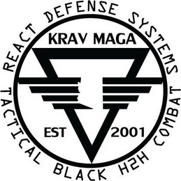 REACT DEFENSE SYSTEMS TACTICAL BLACK H2H COMBAT KRAV MAGA EST 2001 logo